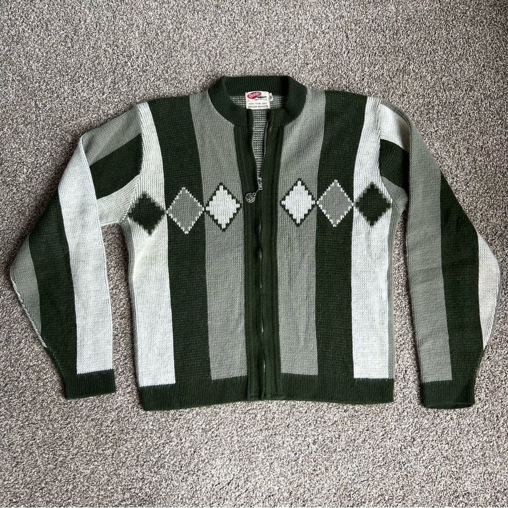 Vintage Green/White Striped Orlon Acrylic Rugby Sportswear Zip Up Cardigan, Med